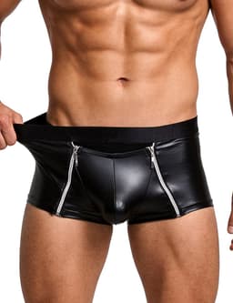 Sexy Heren Boxer Lederlook met Dubbele Rits - PU Wetlook Open Kruis Boxershort Mannen - Fetish & Clubwear - Maat L — thumbnail 1