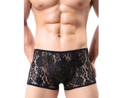 Zwarte Kanten Boxershort voor Mannen – Sexy Lange Pijpen Boxershort met Transparant Kant - Maat XL - Black Transparent Lace Boxer Shorts for Men