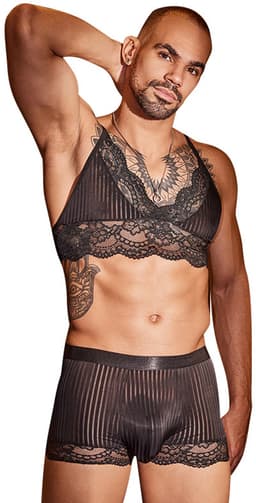 Pittige Vader Sexy Lace Herenshirt en Boxershort Set - Zwart - Nieuwe stijl - Herenshirt en Boxershort - Lingerie voor Mannen - Onderbroek - Ondergoed - Sexy Herenlingerie - Zeer elastisch - Erotisch en sexy - Sexy - Boxershort - Zacht en comfortabel — thumbnail 1