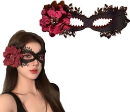 Kanten masker voor dames, zwart oogmasker met rode roos en kralenversiering, elegant halfgezichtsmasker voor Halloween, gala, bruiloft, Mardi Gras en feest (zwart/rood) — thumbnail 1