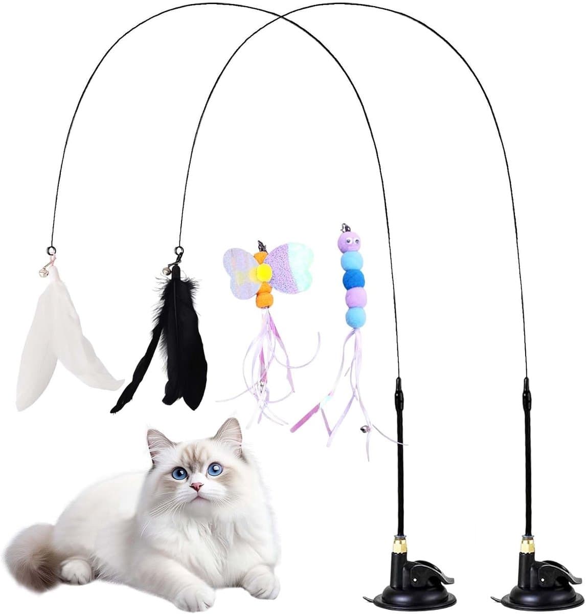 2 sets kattenspeelgoed van veren met zuignappen, plus 4 reservekoppen, vishengel voor kittens, binnenspeelgoed voor katten, interactief speelgoed voor katten (2) — afbeelding 1