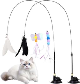 2 sets kattenspeelgoed van veren met zuignappen, plus 4 reservekoppen, vishengel voor kittens, binnenspeelgoed voor katten, interactief speelgoed voor katten (2) — thumbnail 1