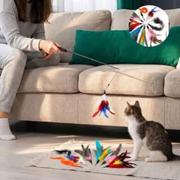 Veren, kattenhengel met zachte veren als gevarieerd interactief kattenspeelgoed, kattenvisset met schaalbare stang en 8 reserveveren voor katten — thumbnail 3
