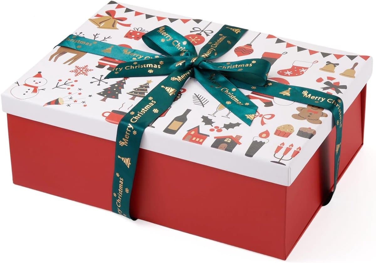 Kerstgeschenkdozen met lint 29x21x10cm wit — afbeelding 1
