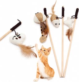 4 stuks kattenspeelgoedset, kattenhengel van natuurlijk hout met veer en belletje, sisalmuis, 40 cm staaf en 76 cm elastisch koord voor interactief indoorspel — thumbnail 1