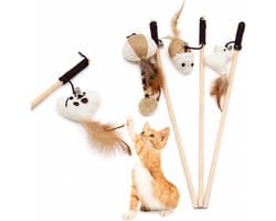 4 stuks kattenspeelgoedset, kattenhengel van natuurlijk hout met veer en belletje, sisalmuis, 40 cm staaf en 76 cm elastisch koord voor interactief indoorspel