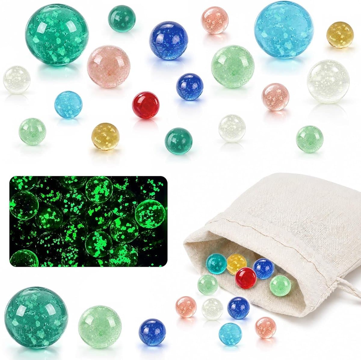 Set of 20 glasses ks - 16mm/25mm/30mm - Lights up in the dark - With drawstring pocket - ShopVlot — afbeelding 1