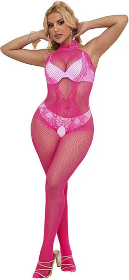 Subblime - 952389 Fishnet And Lace Crotchless Bodystocking With High Neck Pink One Size — thumbnail 4