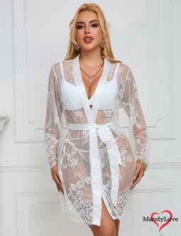 SUPER SEXY luxe doorzichtige witte kanten kimono met satijnen ceintuur - Maat 44/46 - korte kimono dames - bruid bride - kimono's - ochtendjas - neglige — thumbnail 5