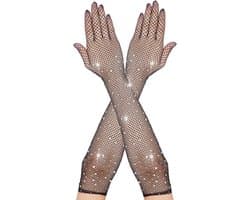 Lange Zwarte Visnet Handschoenen met Strass voor Dames - Feest en Cosplay Accessoire