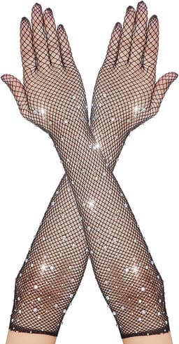 Lange Zwarte Visnet Handschoenen met Strass voor Dames - Feest en Cosplay Accessoire — thumbnail 1