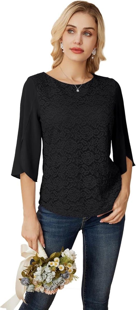 Damesshirt met Glanzende Paillettenprint - Ronde Hals - 3/4 Mouwen met Split - Feestelijk Top — afbeelding 1