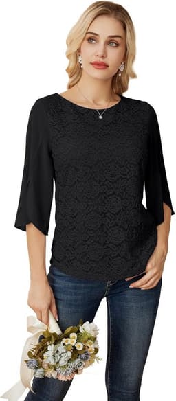 Damesshirt met Glanzende Paillettenprint - Ronde Hals - 3/4 Mouwen met Split - Feestelijk Top — thumbnail 1