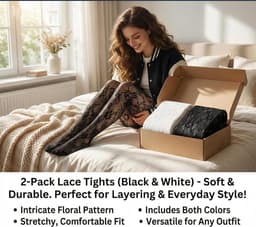 Panty met kant en bloemenmotief in wit en zwart - Uitgeholde panty met netstructuur - Lolita panty voor ballet, cosplay, feest - Elastisch en comfortabel — thumbnail 7