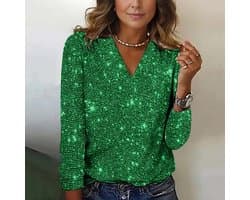 Dames Sexy Glitter Top met Pailletten Lange Mouw V-Hals Feestelijk Shirt