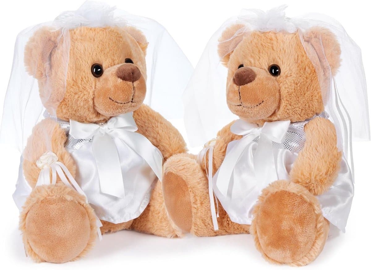 Teddy Bruidspaar in Witte Bruidsjurk – Set van 2 met Sluier en Bloemen – Creatief Geldgeschenk of Huwelijkscadeau – 25 cm — afbeelding 1