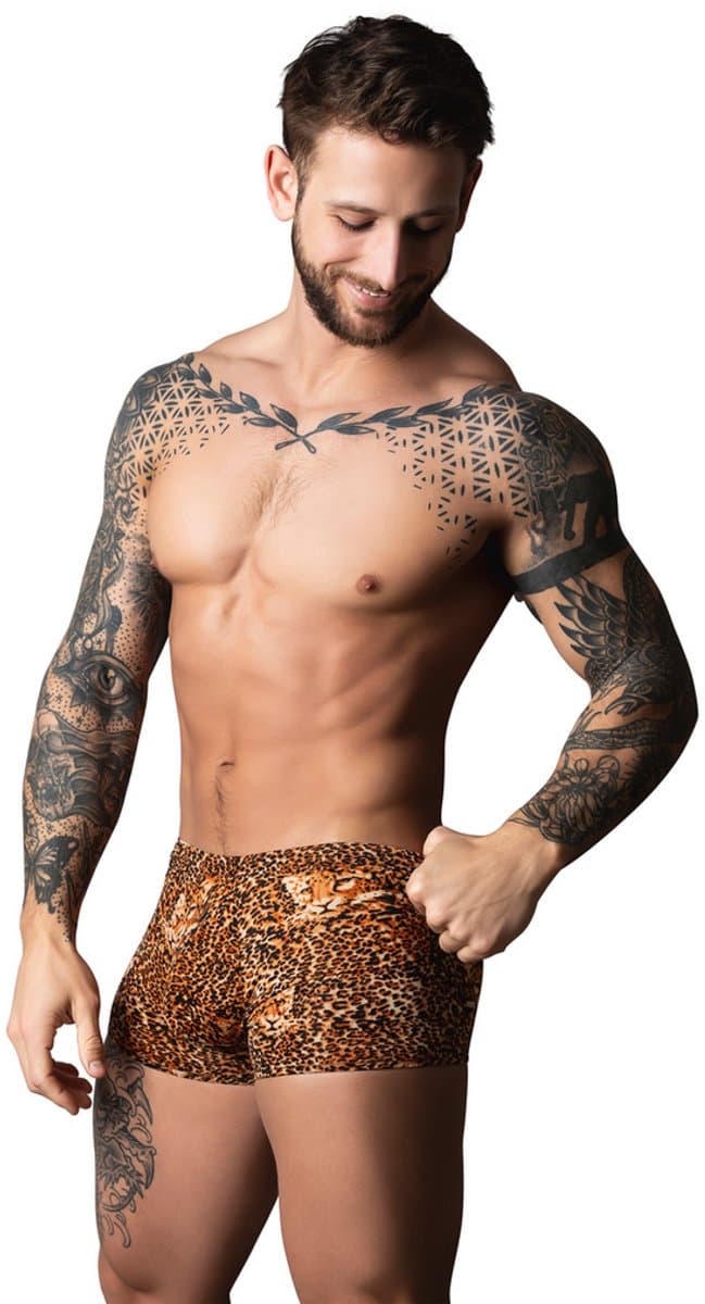 Male Power Sexy Pouch Short met Zwarte penisring - M - Luipaard - Bruin — afbeelding 1