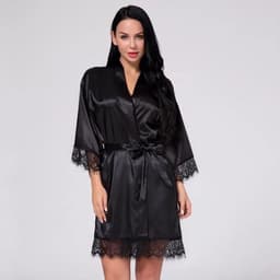 Sexy dames kimono - Maat XXL - Zwart - Kant - Avondjas - Satijnen badjas - Zwart - LOUZIR — thumbnail 5
