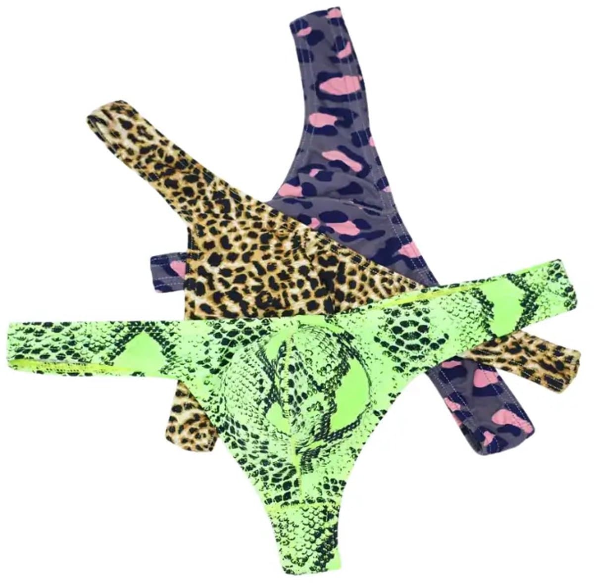 LekkerStout Heren Strings 3-Pack - Luipaard, Camouflage & Neon Snake Print - Sexy Herenondergoed | XL | ( LS103 ) — afbeelding 1