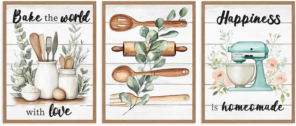 3-delig Farmhouse Bakken Wandkunst, "Bake the World with Love" Mixer & Houten Keukengerei voor Keuken Bakkerij Decor 30x40 cm Niet Ingelijst — afbeelding 1