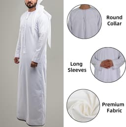 thobe voor mannen, witte moslim Kandura met ronde hals, traditionele Arabische Dishdasha lange mouwen, handgenaaide etnische kleding uit het Midden-Oosten voor Ramadan — thumbnail 5