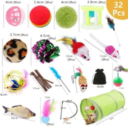 32 Stuks Kattenspeelgoed - Kattenstaf, Interactief Speelgoed Met Veren, Bel, Kreukelballen en Muizen Voor Indoor Kitten — thumbnail 5