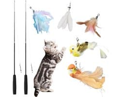 7 stuks kattenspeelgoed, interactief kattenspeelgoed met veren, kattenspeelgoed met 2 intrekbare kattenhengelvervangingen en 5 veren speelgoed met belletjes, voor kleine huiskatten