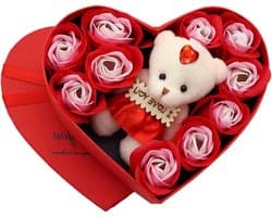 Luxe Cadeauset - Rozen en Beer - Cadeau Geven - Duurzaam Decoratief - 17 x 16 cm - Roze