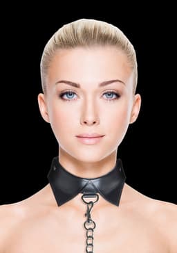 Ouch! Exclusieve Lederen Halsband met Kraagje en Schakelriem met Lus – Zwart — thumbnail 5