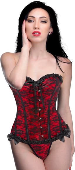 Scarlet Seduction Kanten Korset & String - Zwart/Rood — thumbnail 1