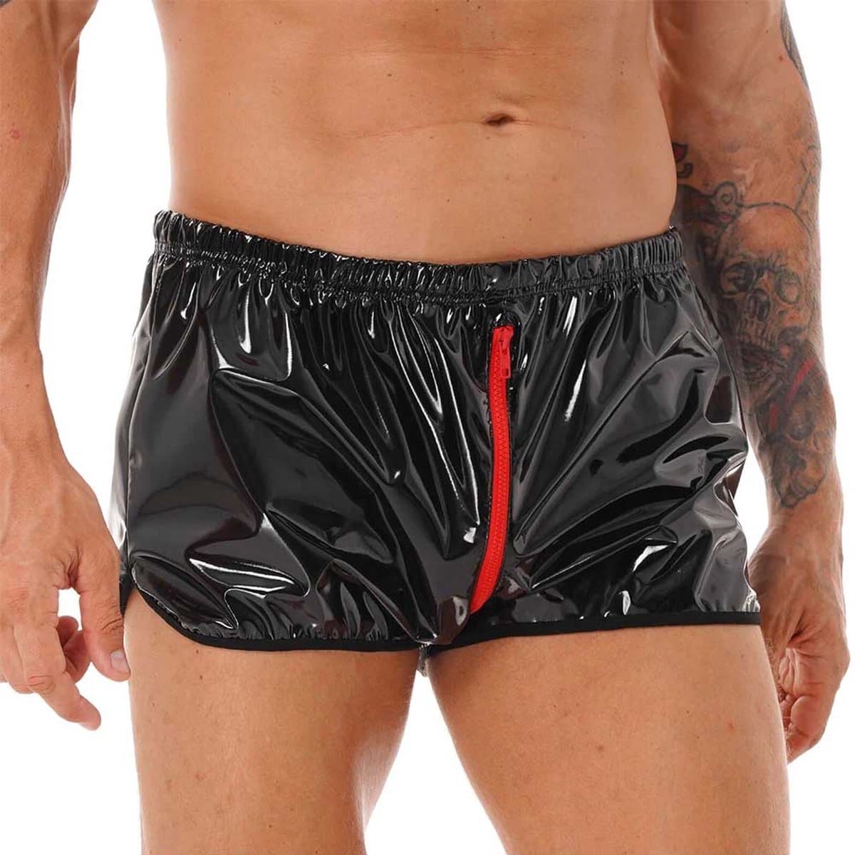 Glanzende boxershort kunstleder - Leer - Ritssluiting open kruis - Latex look - Porno BDSM Kleding - Erotiek - Short - Kort broekje — afbeelding 1