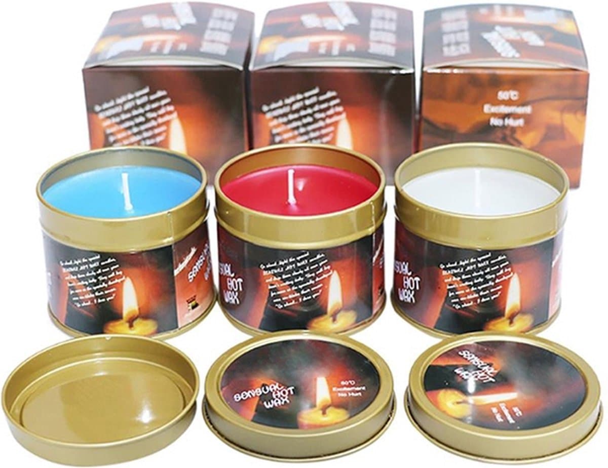 Hot Wax Massagekaarsen - Set van 3 Stuks in Blik - Rood, Wit, Blauw - Erotische Massage — afbeelding 1