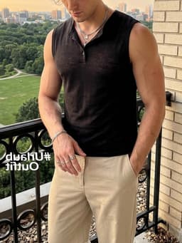 Mouwloos Henley shirt voor heren, kort en doorzichtig, ideaal voor festivals, feesten en raves, boxy fit spiershirt — thumbnail 4
