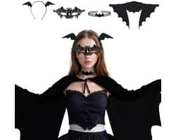 Allecto - Bat Costume - Carnavalsoutfit - Sexy en Elegant - Zwart - Vleermuis Kostuum - Perfect voor Halloween - 4-delige Set