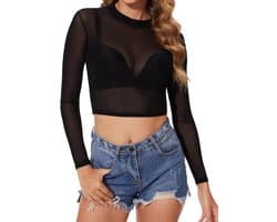 Transparante Sexy Crop Top van Mesh voor Casual en Clubwear - Lange Tuniek Blouse in Zwart met Tulle en Jersey Stijl