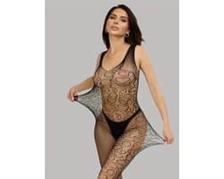 Transparante Catsuit met Open Kruis - Zwart Mesh - Sexy Bodystocking - Incl. Zwarte Kruis-Tepelstickers - One Size M-XL | LekkerStout | ( LS325 )