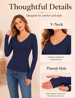 Thermisch T-shirt voor dames, lange mouwen, V-hals, elastisch, met duimgaten, sporttop voor de winter, voor hardlopen en fitness — thumbnail 2
