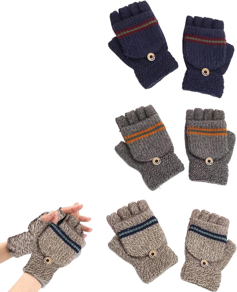 Handschoenen 3 Paar – Omklapbare Vingerloze en Want Handschoenen – Warme Gebreide Handschoenen voor Jongens en Meisjes 5-10 Jaar — afbeelding 1