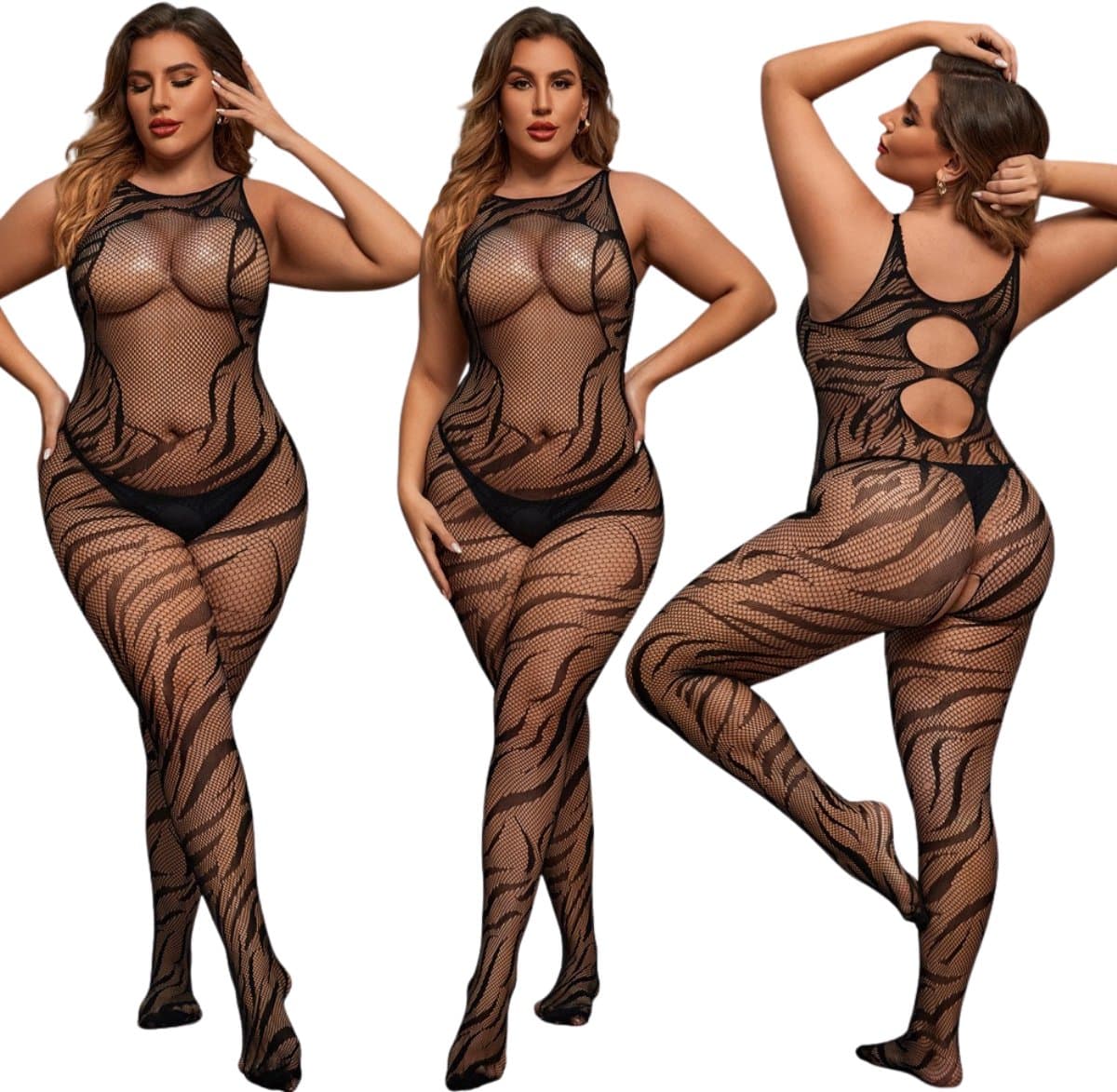 Elana Noctara Plus Size Bodystocking – Zwart Visnet met Sierlijk Patroon – Hoge Rekbaarheid – Sensuele Full Body Lingerie — afbeelding 1