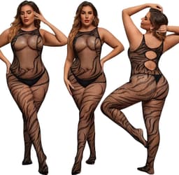 Elana Noctara Plus Size Bodystocking – Zwart Visnet met Sierlijk Patroon – Hoge Rekbaarheid – Sensuele Full Body Lingerie — thumbnail 1