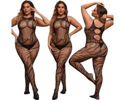 Elana Noctara Plus Size Bodystocking – Zwart Visnet met Sierlijk Patroon – Hoge Rekbaarheid – Sensuele Full Body Lingerie