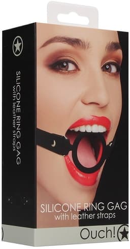 Silicone Ring Gag - With Leather Straps - Black — thumbnail 2