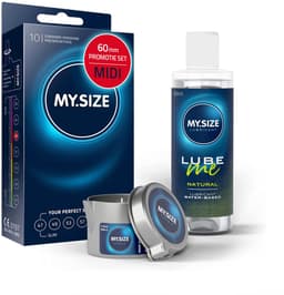 Voordeelverpakking MY.SIZE-condooms 60 mm, pak van 10 + MY.SIZE natuurlijk glijmiddel 100 ml + MY.SIZE-massagekaars — thumbnail 1