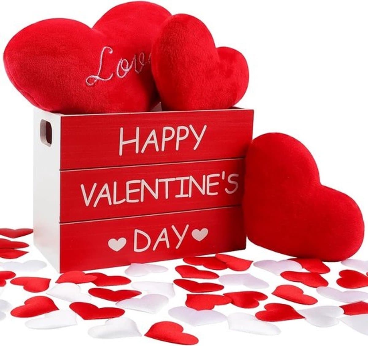 Houten Valentijnsdag Decoratieset met Pluche Harten en Rozenblaadjes — afbeelding 1