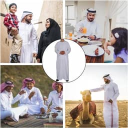 thobe voor mannen, witte moslim Kandura met ronde hals, traditionele Arabische Dishdasha lange mouwen, handgenaaide etnische kleding uit het Midden-Oosten voor Ramadan — thumbnail 3