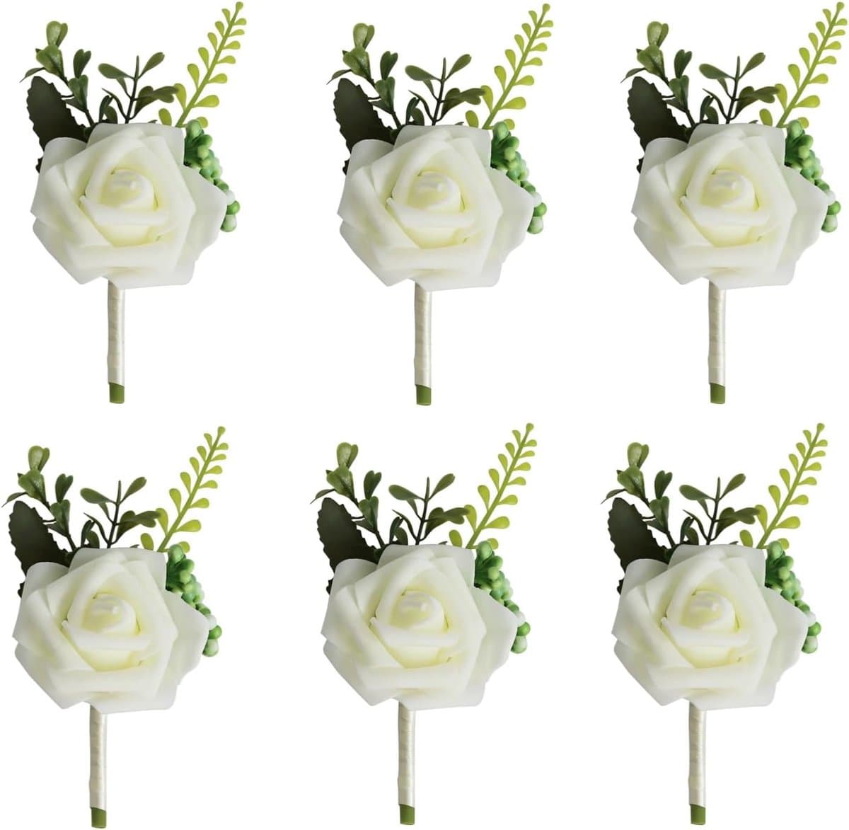 6 wit roos bruiloft bruid bloem corsages, bruiloft broche voor mannen, bruid, bruidegom, bruidsmeisjes, getuigen, gasten — afbeelding 1