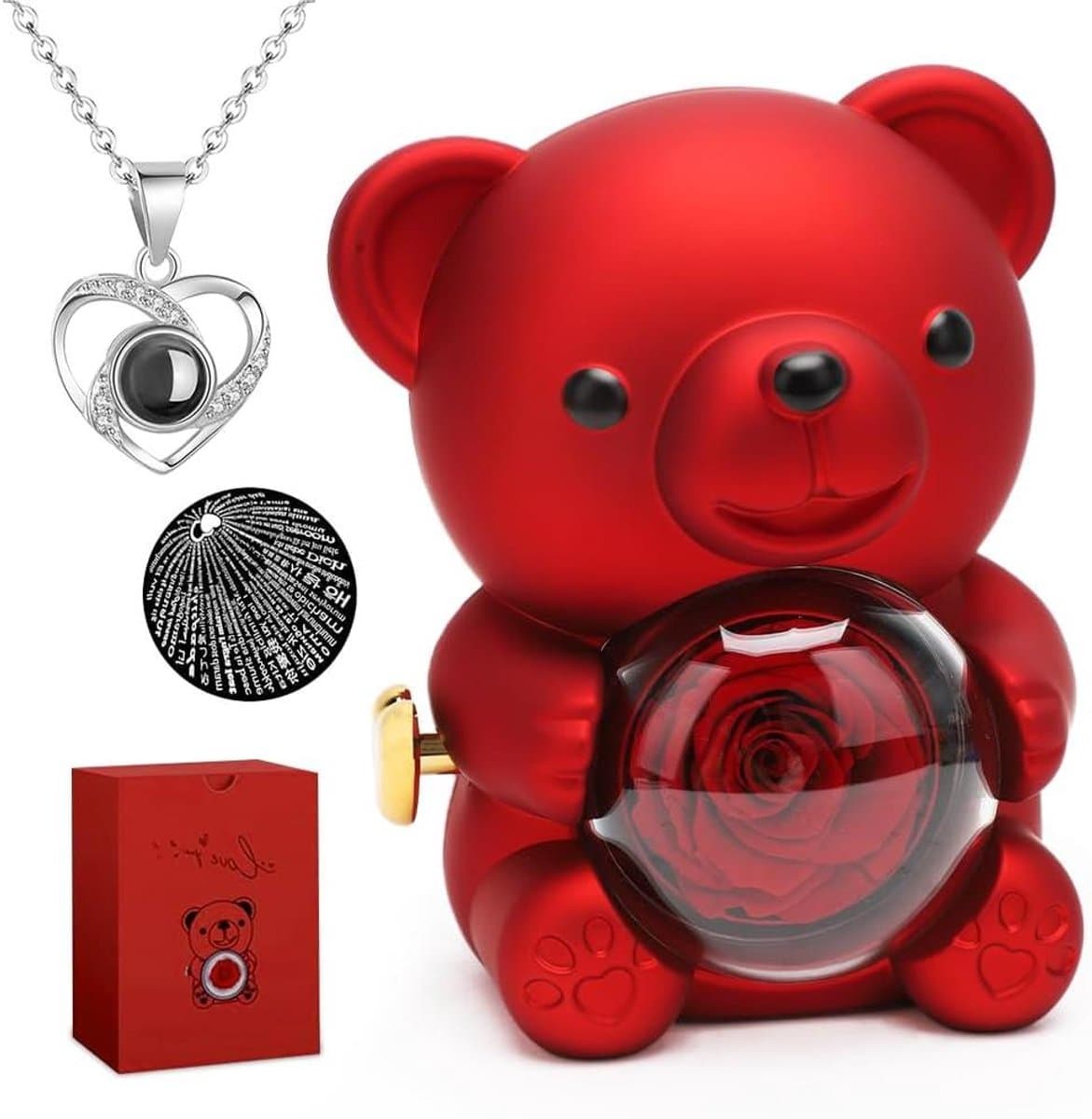 Rozenbeer Cadeaubox - Pluche beer - Liefde Tonen - Eeuwig Rozen - 13 x 11 x 15.5 cm - Rood — afbeelding 1