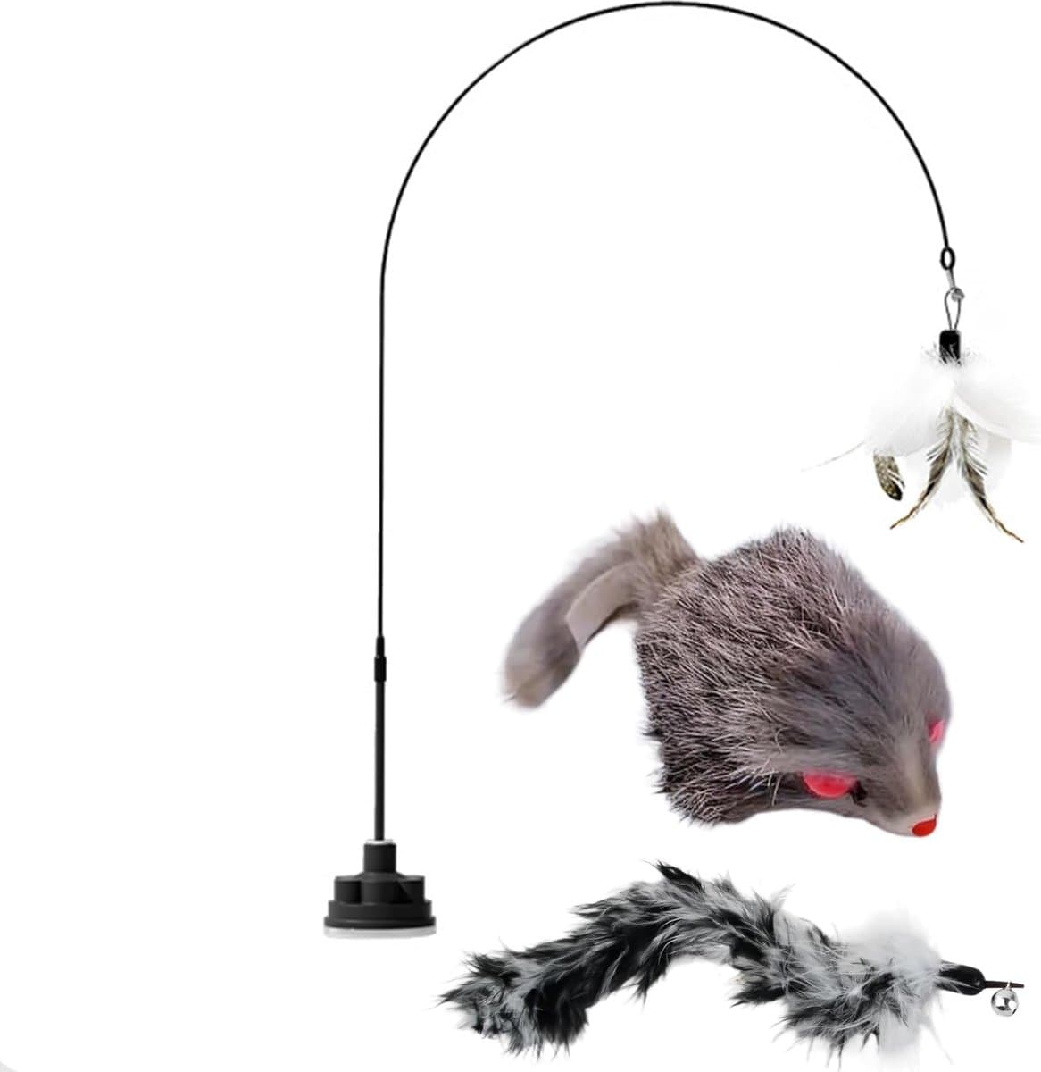Kattenspeelgoed met draaibare zuignap, zwart, 1 grijze veerkop en 1 vervangende muiskop, geschikt voor kleine en grote katten, 100 cm lang — afbeelding 1