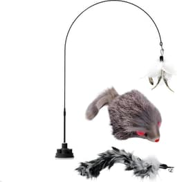 Kattenspeelgoed met draaibare zuignap, zwart, 1 grijze veerkop en 1 vervangende muiskop, geschikt voor kleine en grote katten, 100 cm lang — thumbnail 1