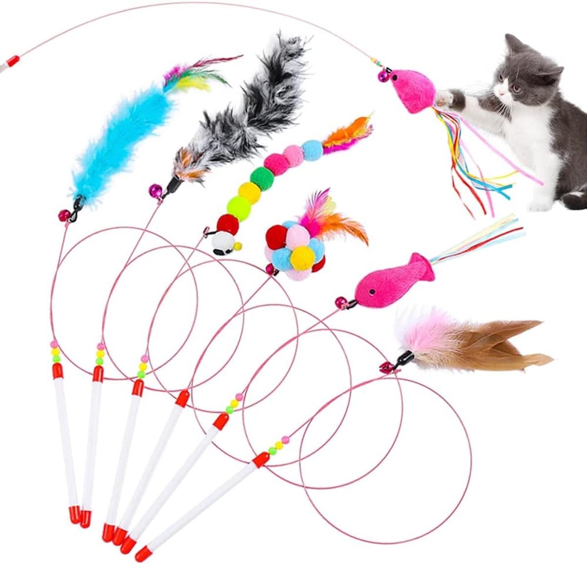 7 stuks, kattenhengel met veren, interactief kattenspeelgoed, kattenhengel met hanger, veer bel, kattenspeelgoedset voor kittens en katten — afbeelding 1